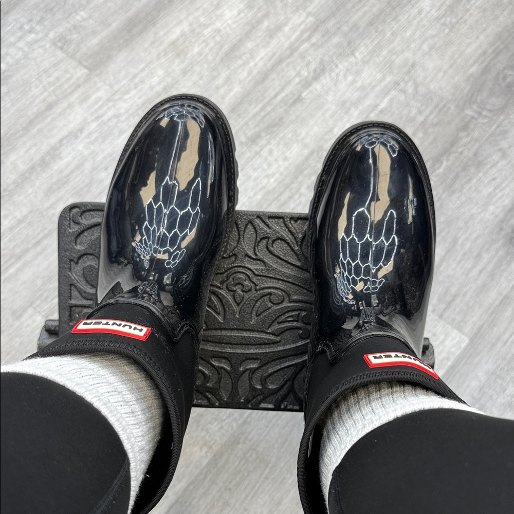 Hunter Glossy Black Boots with White Design